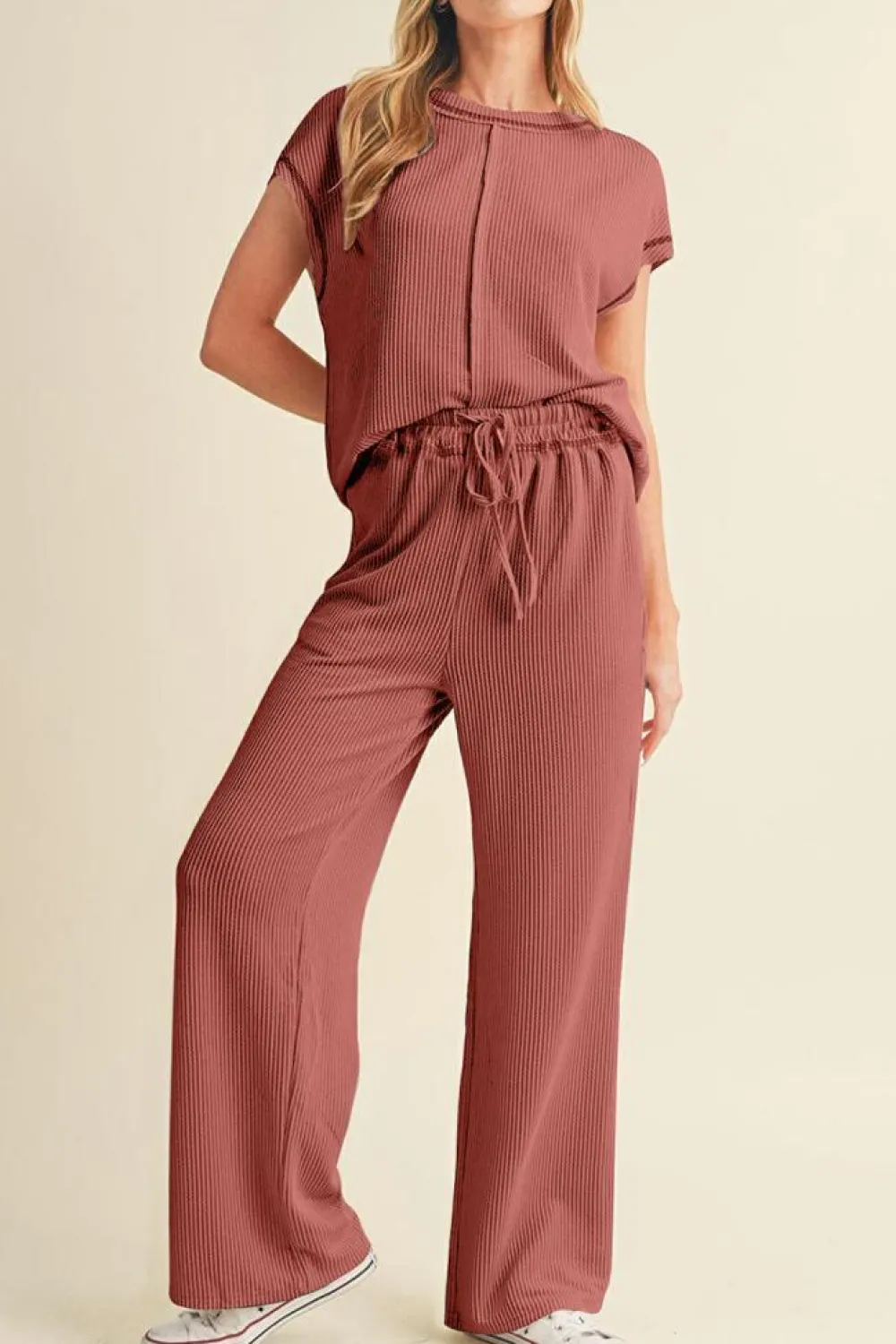 Clearance Dear-Lover Solid Color Corded Short Sleeve Top and Casual Pants Set Mineral Red