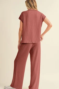 Clearance Dear-Lover Solid Color Corded Short Sleeve Top and Casual Pants Set Mineral Red
