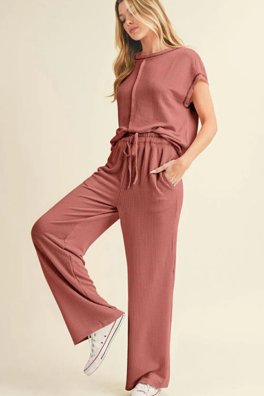 Clearance Dear-Lover Solid Color Corded Short Sleeve Top and Casual Pants Set Mineral Red