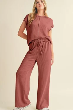 Clearance Dear-Lover Solid Color Corded Short Sleeve Top and Casual Pants Set Mineral Red