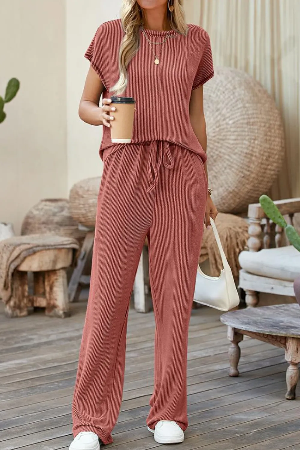 Clearance Dear-Lover Solid Color Corded Short Sleeve Top and Casual Pants Set Mineral Red