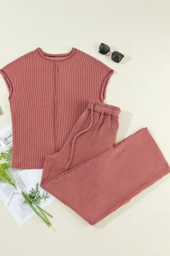 Clearance Dear-Lover Solid Color Corded Short Sleeve Top and Casual Pants Set Mineral Red