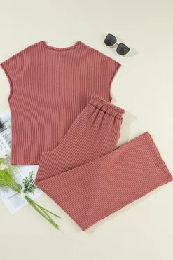 Clearance Dear-Lover Solid Color Corded Short Sleeve Top and Casual Pants Set Mineral Red