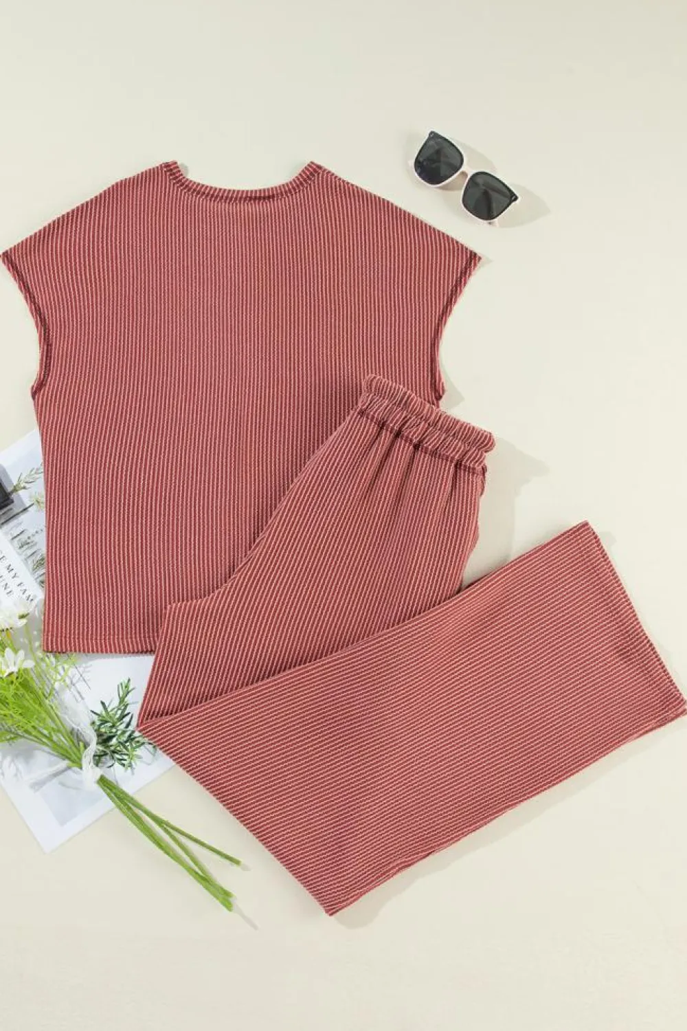 Clearance Dear-Lover Solid Color Corded Short Sleeve Top and Casual Pants Set Mineral Red