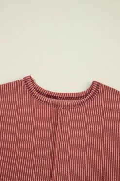 Clearance Dear-Lover Solid Color Corded Short Sleeve Top and Casual Pants Set Mineral Red