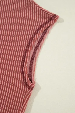 Clearance Dear-Lover Solid Color Corded Short Sleeve Top and Casual Pants Set Mineral Red
