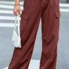 Clearance Dear-Lover Solid Color Drawstring Waist Wide Leg Cargo Pants Mineral Red