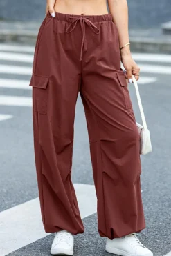 Clearance Dear-Lover Solid Color Drawstring Waist Wide Leg Cargo Pants Mineral Red