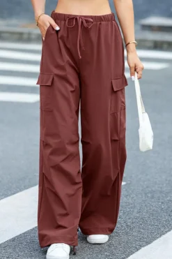 Clearance Dear-Lover Solid Color Drawstring Waist Wide Leg Cargo Pants Mineral Red