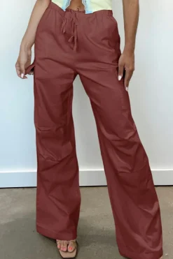 Clearance Dear-Lover Solid Color Drawstring Waist Wide Leg Cargo Pants Mineral Red