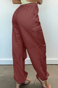 Clearance Dear-Lover Solid Color Drawstring Waist Wide Leg Cargo Pants Mineral Red