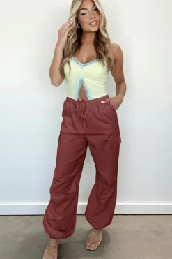 Clearance Dear-Lover Solid Color Drawstring Waist Wide Leg Cargo Pants Mineral Red