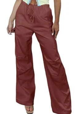 Clearance Dear-Lover Solid Color Drawstring Waist Wide Leg Cargo Pants Mineral Red