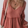 Sale Dear-Lover Solid Color Textured Frilled Trim V Neck Puff Sleeve Blouse Mineral Red