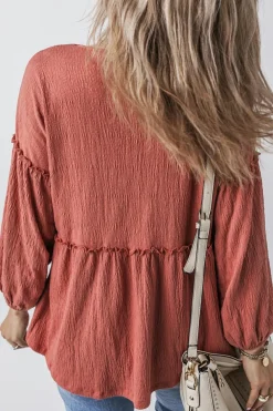 Sale Dear-Lover Solid Color Textured Frilled Trim V Neck Puff Sleeve Blouse Mineral Red