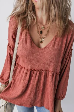 Sale Dear-Lover Solid Color Textured Frilled Trim V Neck Puff Sleeve Blouse Mineral Red