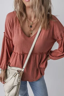 Sale Dear-Lover Solid Color Textured Frilled Trim V Neck Puff Sleeve Blouse Mineral Red