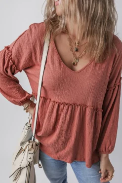 Sale Dear-Lover Solid Color Textured Frilled Trim V Neck Puff Sleeve Blouse Mineral Red