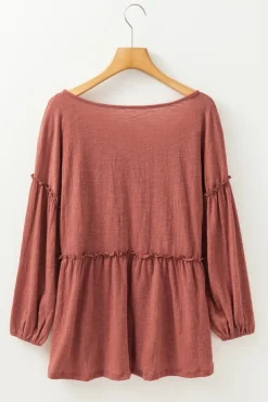 Sale Dear-Lover Solid Color Textured Frilled Trim V Neck Puff Sleeve Blouse Mineral Red
