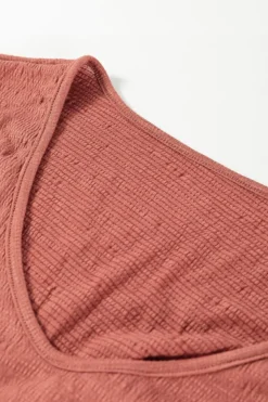 Sale Dear-Lover Solid Color Textured Frilled Trim V Neck Puff Sleeve Blouse Mineral Red