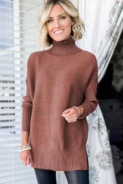 New Dear-Lover Turtleneck Ribbed Knit Tunic Sweater Mineral Red