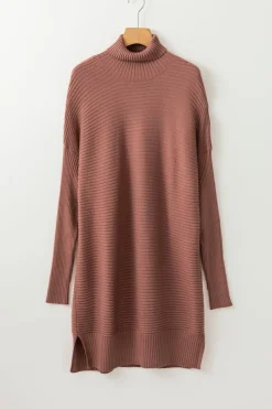 New Dear-Lover Turtleneck Ribbed Knit Tunic Sweater Mineral Red