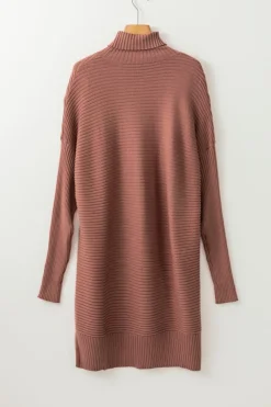 New Dear-Lover Turtleneck Ribbed Knit Tunic Sweater Mineral Red
