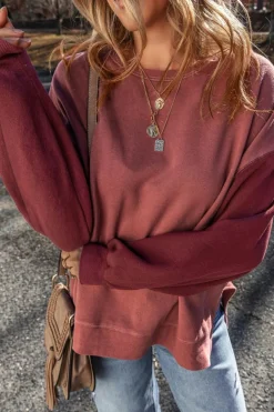 Sale Dear-Lover Two Tone Patchwork Drop Shoulder Pullover Sweatshirt Mineral Red