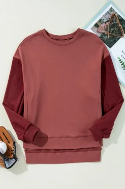 Sale Dear-Lover Two Tone Patchwork Drop Shoulder Pullover Sweatshirt Mineral Red