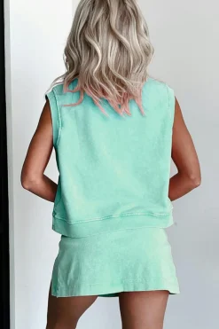 Outlet Dear-Lover 2 Pieces Mineral Wash Cotton Tank Top Lined Split Skirt Set Mint Green