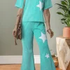 Clearance Dear-Lover Acid Wash Star Patched Rolled Trim Pants Set Mint Green