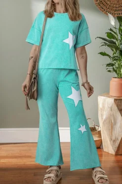 Clearance Dear-Lover Acid Wash Star Patched Rolled Trim Pants Set Mint Green