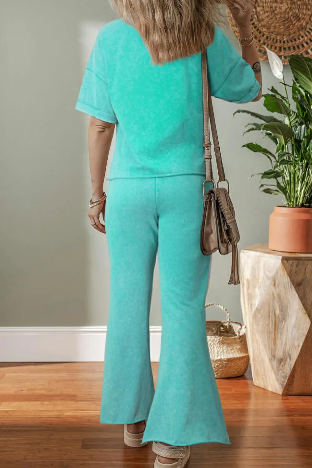 Clearance Dear-Lover Acid Wash Star Patched Rolled Trim Pants Set Mint Green