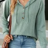 Sale Dear-Lover Button Front Textured Drawstring Hooded Long Sleeve Top Mint Green