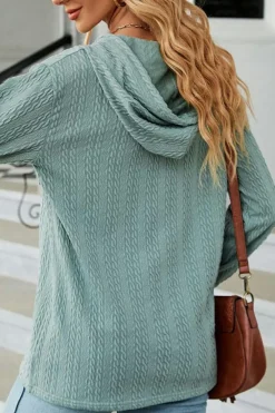 Sale Dear-Lover Button Front Textured Drawstring Hooded Long Sleeve Top Mint Green