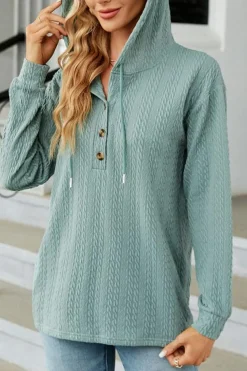 Sale Dear-Lover Button Front Textured Drawstring Hooded Long Sleeve Top Mint Green