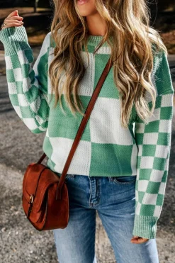 Discount Dear-Lover Checkered Print Drop Shoulder Sweater Mint Green
