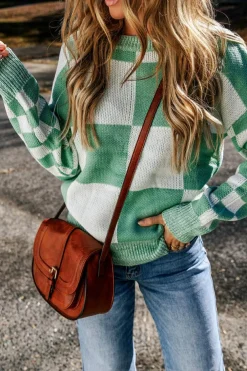 Discount Dear-Lover Checkered Print Drop Shoulder Sweater Mint Green