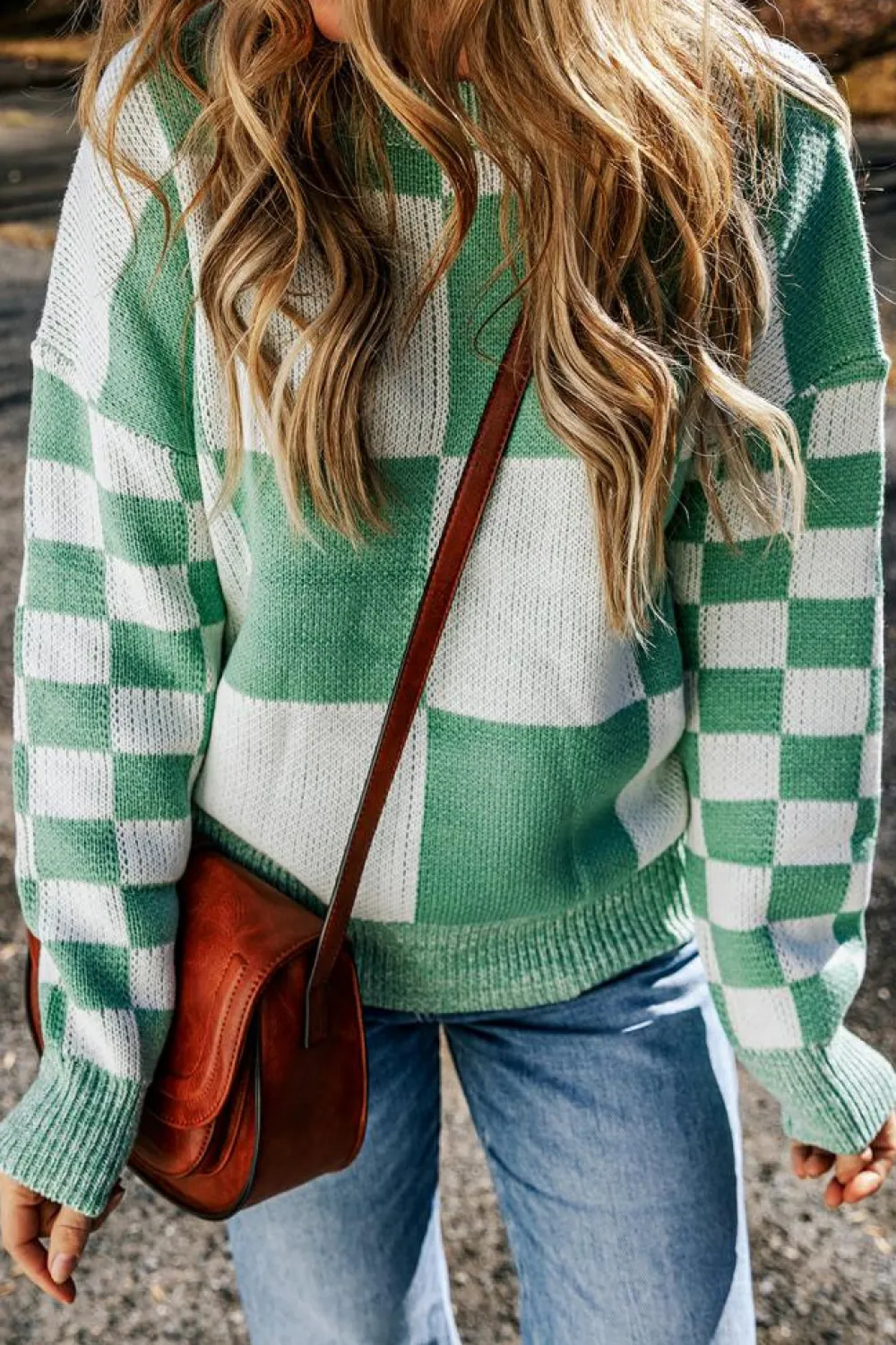 Discount Dear-Lover Checkered Print Drop Shoulder Sweater Mint Green