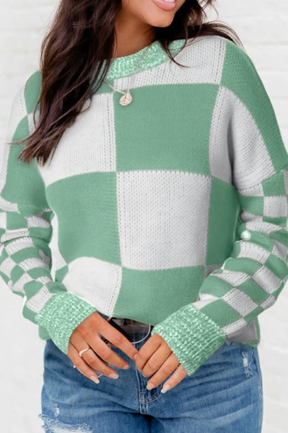 Discount Dear-Lover Checkered Print Drop Shoulder Sweater Mint Green