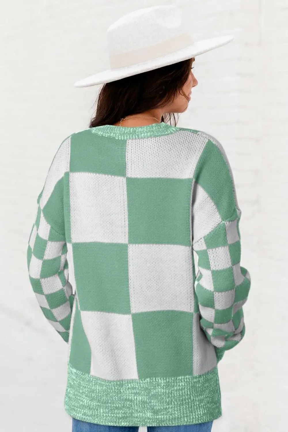 Discount Dear-Lover Checkered Print Drop Shoulder Sweater Mint Green