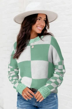 Discount Dear-Lover Checkered Print Drop Shoulder Sweater Mint Green
