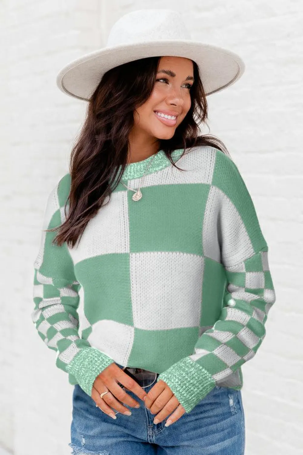 Discount Dear-Lover Checkered Print Drop Shoulder Sweater Mint Green