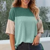 Clearance Dear-Lover Color Block Ribbed Side Slits Half Sleeve Top Mint Green