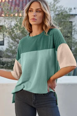 Clearance Dear-Lover Color Block Ribbed Side Slits Half Sleeve Top Mint Green