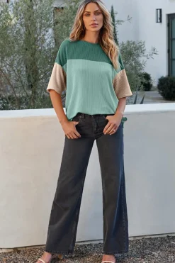 Clearance Dear-Lover Color Block Ribbed Side Slits Half Sleeve Top Mint Green
