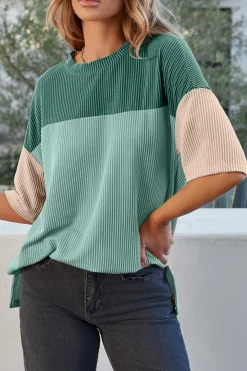 Clearance Dear-Lover Color Block Ribbed Side Slits Half Sleeve Top Mint Green