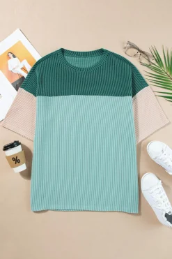 Clearance Dear-Lover Color Block Ribbed Side Slits Half Sleeve Top Mint Green