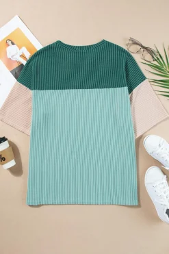 Clearance Dear-Lover Color Block Ribbed Side Slits Half Sleeve Top Mint Green