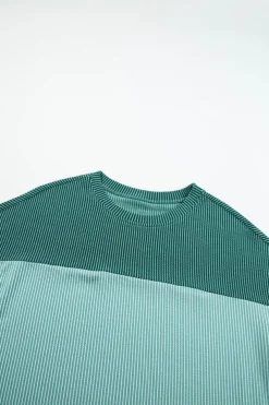 Clearance Dear-Lover Color Block Ribbed Side Slits Half Sleeve Top Mint Green